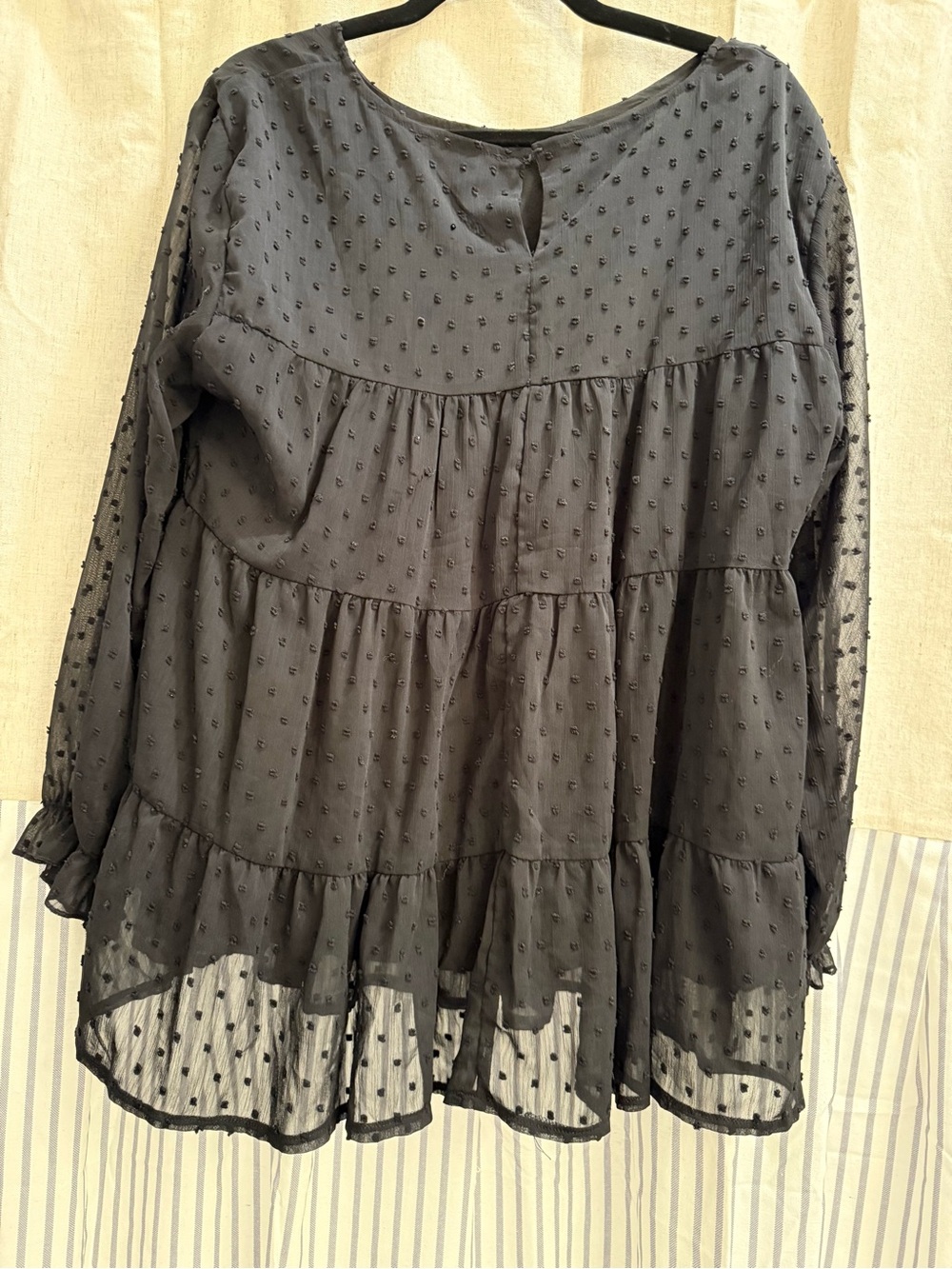 Black Swiss Dot Tiered Lined Long-Sleeve Women's Top - Picture 2 of 5